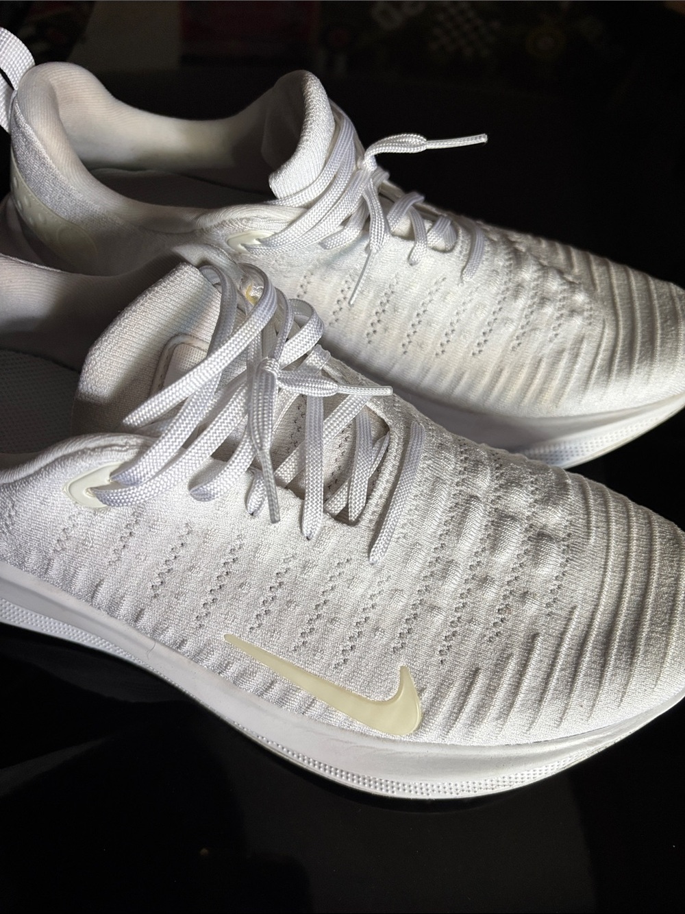 Nike Men’s White Knit Running Sneakers with Cream Swoosh